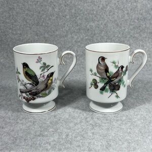 Vintage Porcelain Pedestal Tea Coffee Cup Grey Orange Yellow Birds‎ Gold Trim